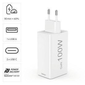 Зарядно HAMA 201997, 100W GaN, 2xUSB-C PD, 1xUSB-A QC