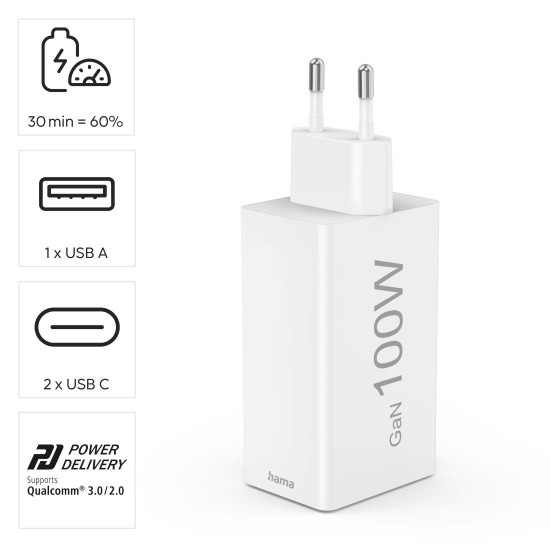 Зарядно HAMA 201997, 100W GaN, 2xUSB-C PD, 1xUSB-A QC