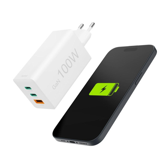 Зарядно HAMA 201997, 100W GaN, 2xUSB-C PD, 1xUSB-A QC