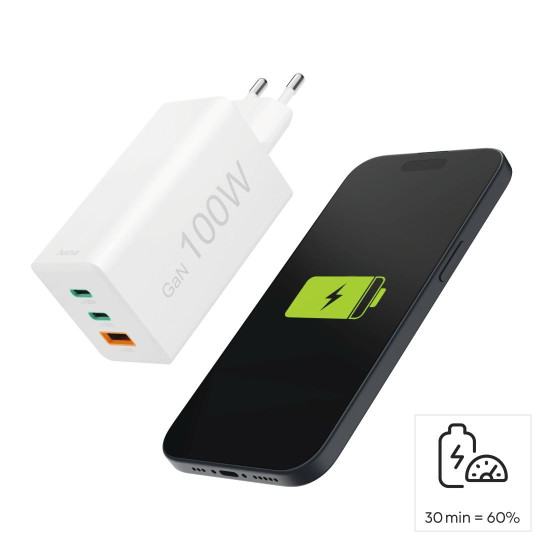 Зарядно HAMA 201997, 100W GaN, 2xUSB-C PD, 1xUSB-A QC