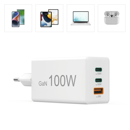 Зарядно HAMA 201997, 100W GaN, 2xUSB-C PD, 1xUSB-A QC
