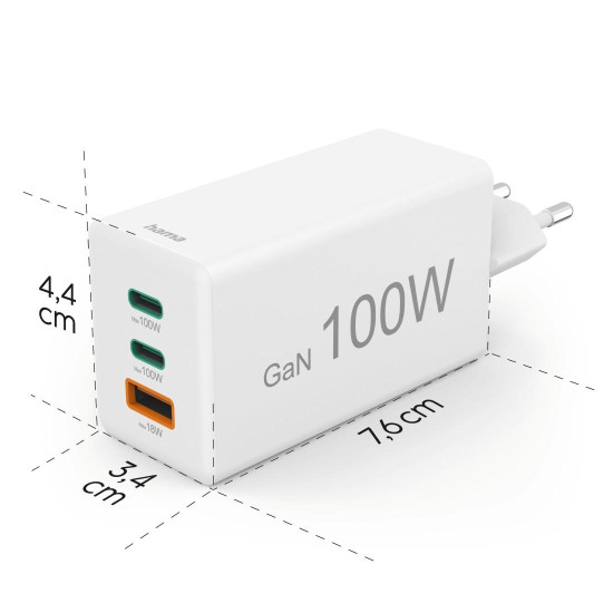 Зарядно HAMA 201997, 100W GaN, 2xUSB-C PD, 1xUSB-A QC
