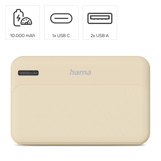 Външна батерия HAMA Pocket 10, 10000 mAh, 2x USB-A, бежов
