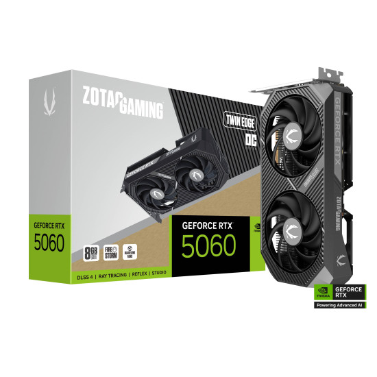 Видеокарта ZOTAC GAMING RTX 5060 Twin Edge OC, 8GB, GDDR7, 128-bit, PCI Express 5.0, 550W, DLSS 4.0, 1 x HDMI 2.1, 3 x DisplayPort 2.1
