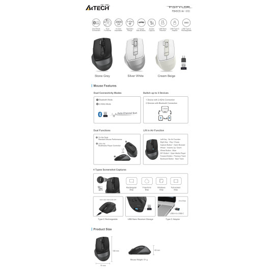 Безжична мишка A4Tech FB45CS Air 2, Stone Grey