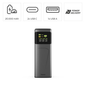 Външна батерия HAMA High Power 201741, 20000 mAh, 65W, 2x USB-C, 1x USB-A, Fast Charging