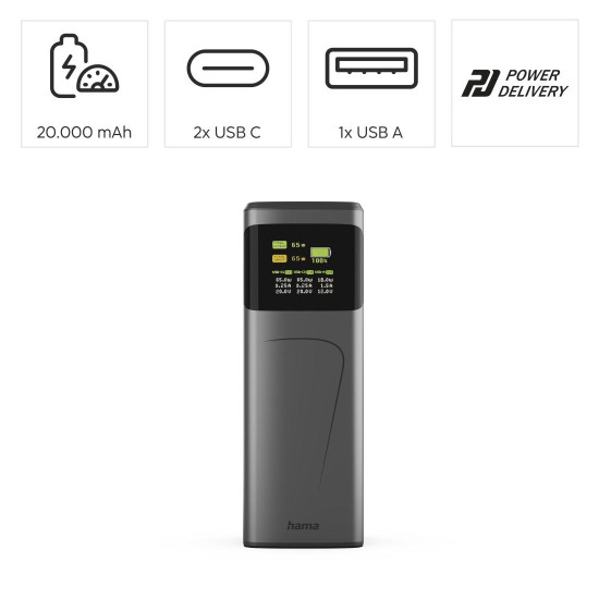 Външна батерия HAMA High Power 201741, 20000 mAh, 65W, 2x USB-C, 1x USB-A, Fast Charging