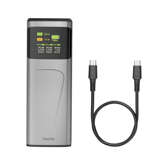 Външна батерия HAMA High Power 201741, 20000 mAh, 65W, 2x USB-C, 1x USB-A, Fast Charging