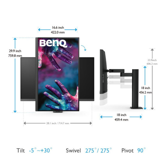 Монитор BenQ PD3205UA, 31.5 инча, IPS, UHD 3840x2160, 60Hz, 5 ms, HDMI/DP